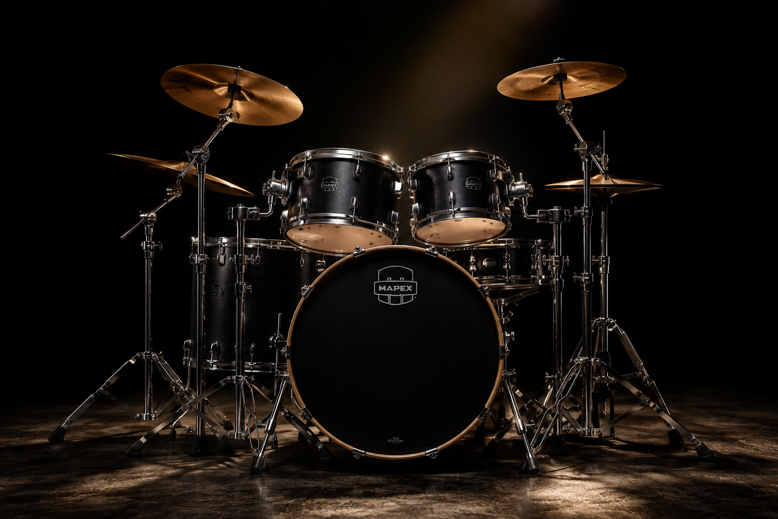 Professional drum kit with chrome hardware and cymbals